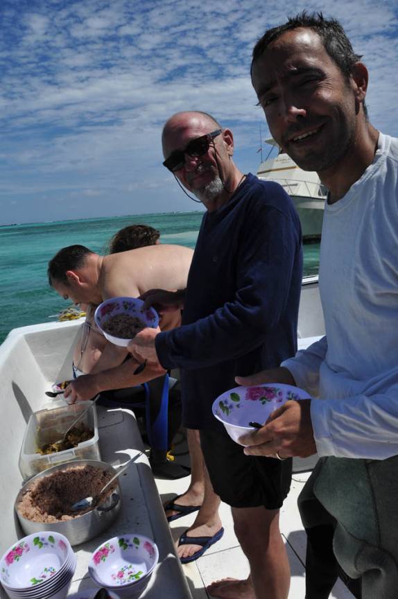Nosso almoço em Half Moon Caye, perto do Blue Hole, na grande barreira de corais, em Belize